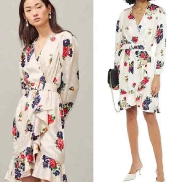 Tory Burch White Multicolor Ruffle Floral Printed Silk Wrap Dress Belted 10 NWT - Picture 6 of 8